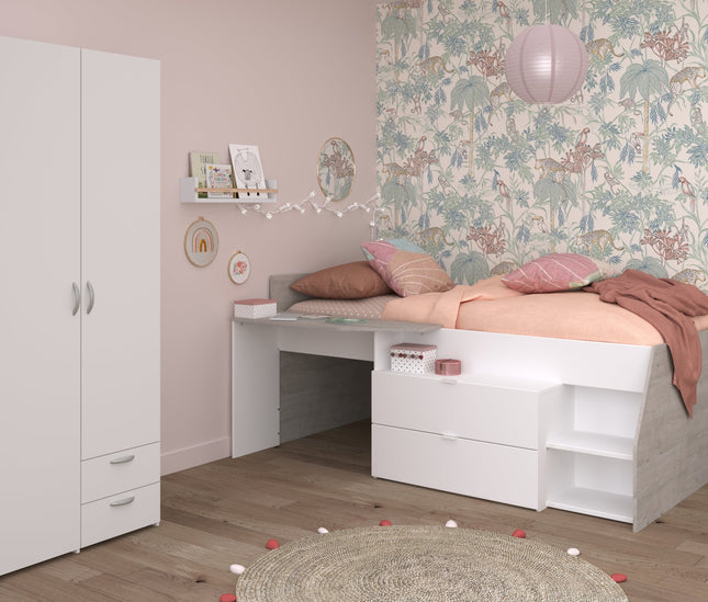 Parisot Kinderzimmer-Set Milky 14 – 2-tlg. Hochbett mit Schrank in Weiß/Grey Loft