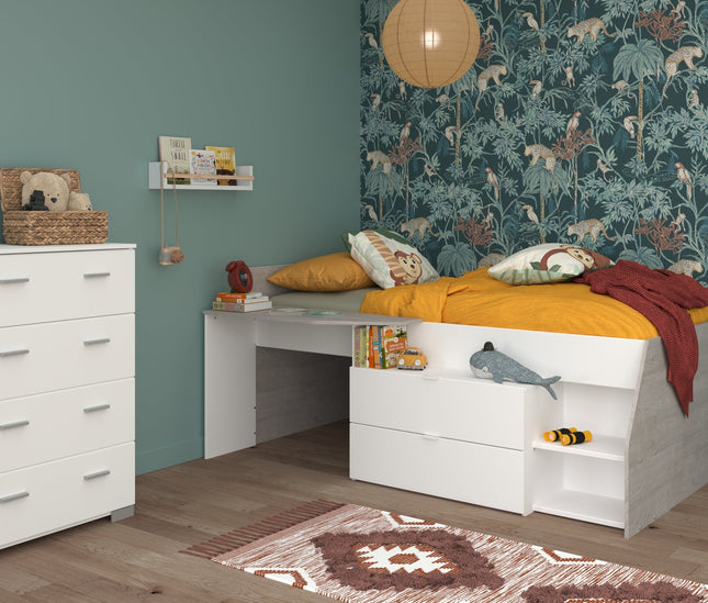 Parisot Kinderzimmer-Set Milky 16 – 2-tlg. Hochbett mit Kommode in Weiß/Grey Loft