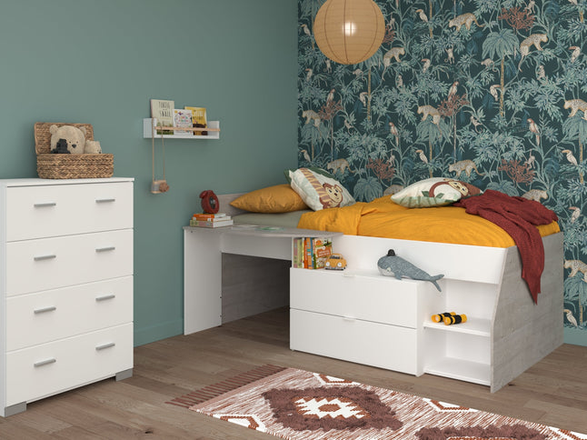 Parisot Kinderzimmer-Set Milky 16 – 2-tlg. Hochbett mit Kommode in Weiß/Grey Loft