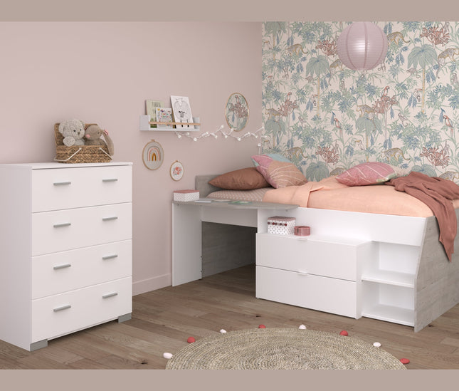 Parisot Kinderzimmer-Set Milky 16 – 2-tlg. Hochbett mit Kommode in Weiß/Grey Loft