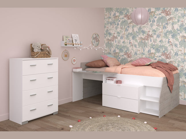 Parisot Kinderzimmer-Set Milky 16 – 2-tlg. Hochbett mit Kommode in Weiß/Grey Loft