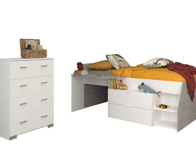 Parisot Kinderzimmer-Set Milky 16 – 2-tlg. Hochbett mit Kommode in Weiß/Grey Loft