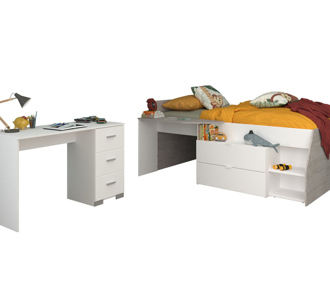Parisot Kinderzimmer-Set Milky 17 – 2-tlg. Hochbett mit Schreibtisch in Weiß/Grey Loft