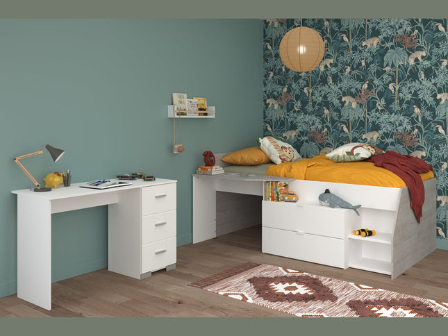 Parisot Kinderzimmer-Set Milky 17 – 2-tlg. Hochbett mit Schreibtisch in Weiß/Grey Loft