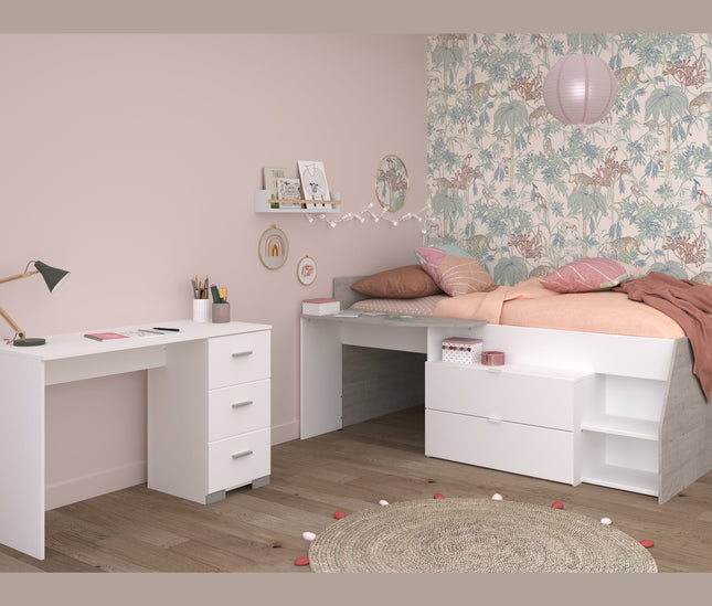 Parisot Kinderzimmer-Set Milky 17 – 2-tlg. Hochbett mit Schreibtisch in Weiß/Grey Loft