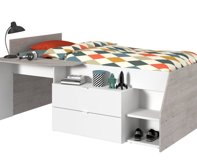 Parisot Hochbett Milky 1 - 90x200 in Weiß/Grey Loft mit Stauraum & Kommode