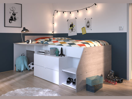 Parisot Hochbett Milky 1 - 90x200 in Weiß/Grey Loft mit Stauraum & Kommode