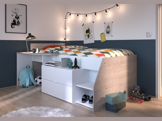 Parisot Hochbett Milky 1 - 90x200 in Weiß/Grey Loft mit Stauraum & Kommode #