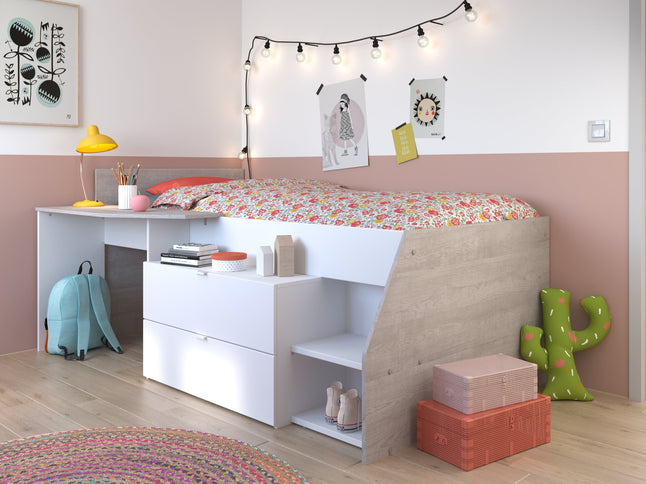 Parisot Hochbett Milky 1 - 90x200 in Weiß/Grey Loft mit Stauraum & Kommode #
