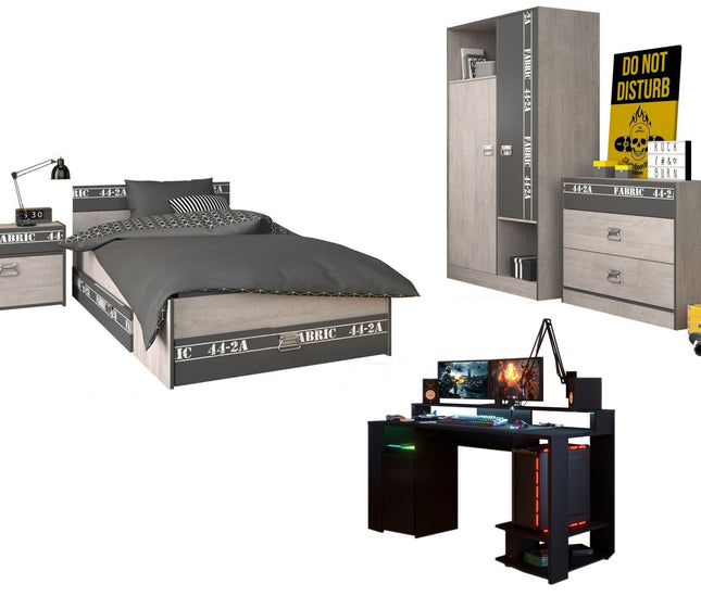 Parisot Kinderzimmer-Set Fabric 20 – mit LED-Gamertisch, Bett, Kleiderschrank & mehr