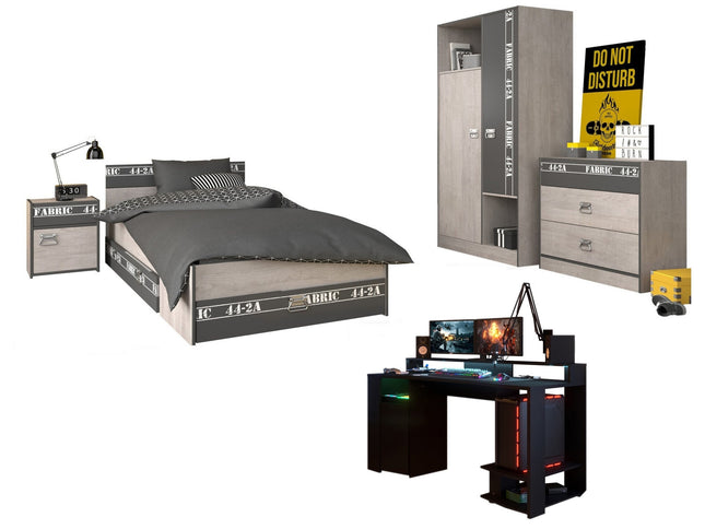 Parisot Kinderzimmer-Set Fabric 20 – mit LED-Gamertisch, Bett, Kleiderschrank & mehr