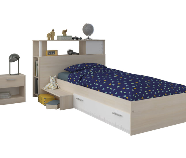 Parisot Jugendzimmer-Set Charly 17 - Set 3-teilig – Bett mit Schubkasten, Regal & Nachttisch in Weiß/Akazie
