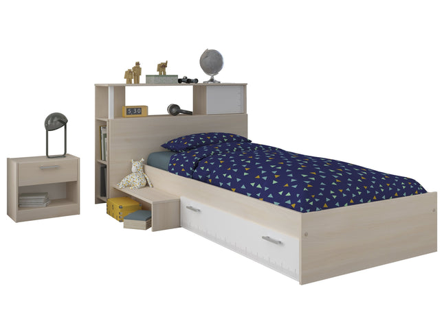 Parisot Jugendzimmer-Set Charly 17 - Set 3-teilig – Bett mit Schubkasten, Regal & Nachttisch in Weiß/Akazie