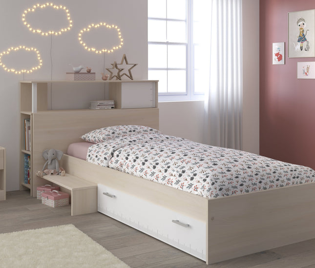 Parisot Jugendzimmer-Set Charly 17 - Set 3-teilig – Bett mit Schubkasten, Regal & Nachttisch in Weiß/Akazie