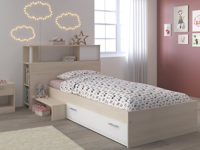 Parisot Jugendzimmer-Set Charly 17 - Set 3-teilig – Bett mit Schubkasten, Regal & Nachttisch in Weiß/Akazie