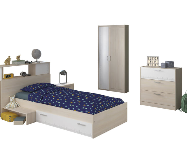 Parisot Jugendzimmer-Set Charly 16 - Set 5-teilig – Bett, Schrank, Kommode & Regal in Weiß/Akazie