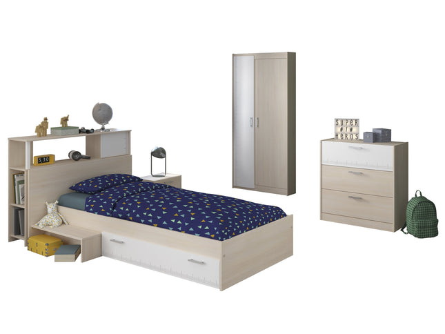 Parisot Jugendzimmer-Set Charly 16 - Set 5-teilig – Bett, Schrank, Kommode & Regal in Weiß/Akazie