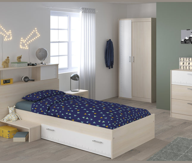 Parisot Jugendzimmer-Set Charly 16 - Set 5-teilig – Bett, Schrank, Kommode & Regal in Weiß/Akazie