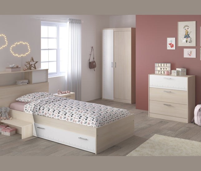Parisot Jugendzimmer-Set Charly 16 - Set 5-teilig – Bett, Schrank, Kommode & Regal in Weiß/Akazie