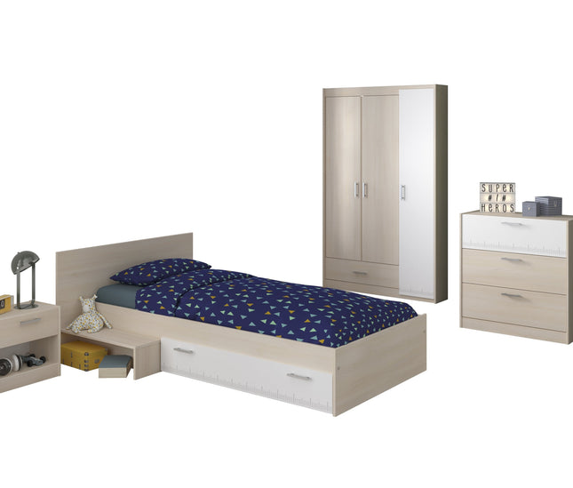 Parisot Jugendzimmer-Set Charly 12 - Set 3-teilig – Bett, Kleiderschrank & Kommode in Weiß/Akazie