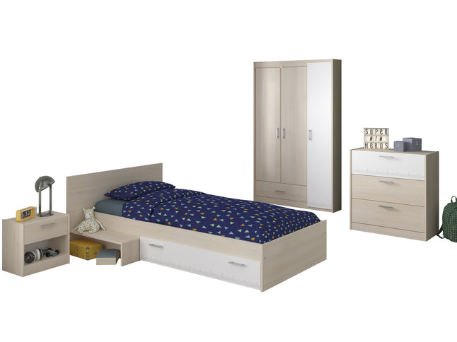 Parisot Jugendzimmer-Set Charly 12 - Set 3-teilig – Bett, Kleiderschrank & Kommode in Weiß/Akazie