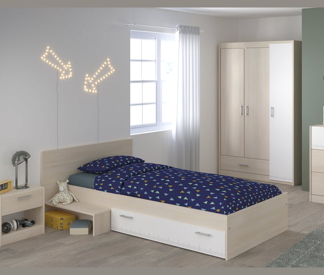 Parisot Jugendzimmer-Set Charly 12 - Set 3-teilig – Bett, Kleiderschrank & Kommode in Weiß/Akazie