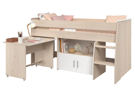 Parisot Hochbett Charly 4 - 90x200 mit integr. Schreibtisch und Kommode, Akazie/Weiß Melamin, Kinderzimmer #