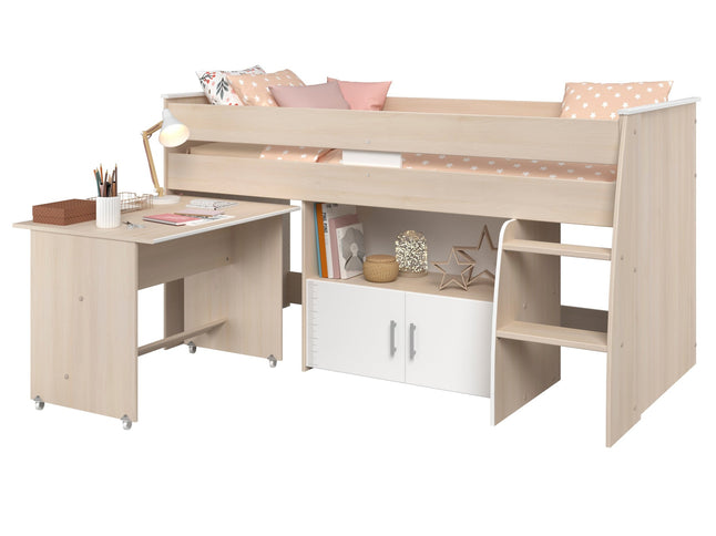 Parisot Hochbett Charly 4 - 90x200 mit integr. Schreibtisch und Kommode, Akazie/Weiß Melamin, Kinderzimmer #
