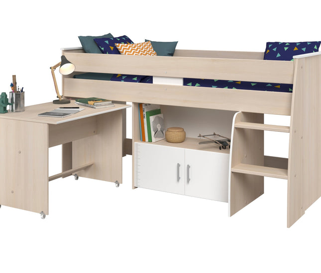 Parisot Hochbett Charly 4 – mit integriertem Schreibtisch und Kommode, Akazie/Weiß Melamin, Kinderzimmer