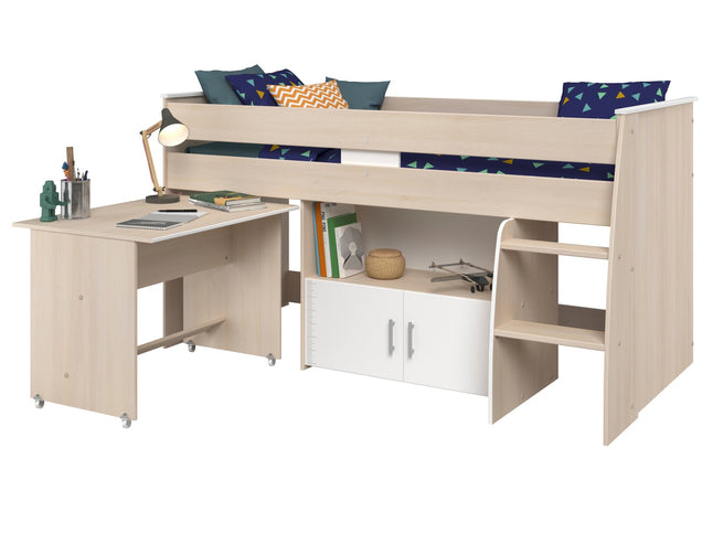 Parisot Hochbett Charly 4 – mit integriertem Schreibtisch und Kommode, Akazie/Weiß Melamin, Kinderzimmer