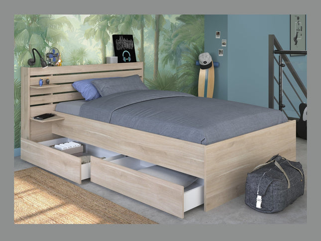 Parisot Stauraumbett Escale 7 - 120x200 – mit Bettschubkasten & Ablagen, Japanische Eiche