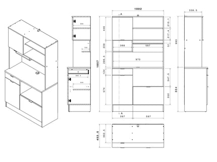 Parisot Buffet Socool 1 - Küchenbuffet mit Theke in Weiß & Eiche mit Utensilienhalter