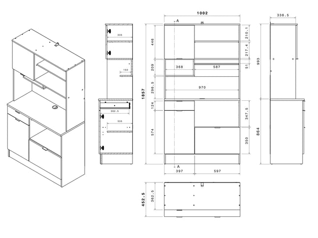 Parisot Buffet Socool 11 - Küchenbuffet mit Theke in Weiß & Eiche mit Utensilienhalter