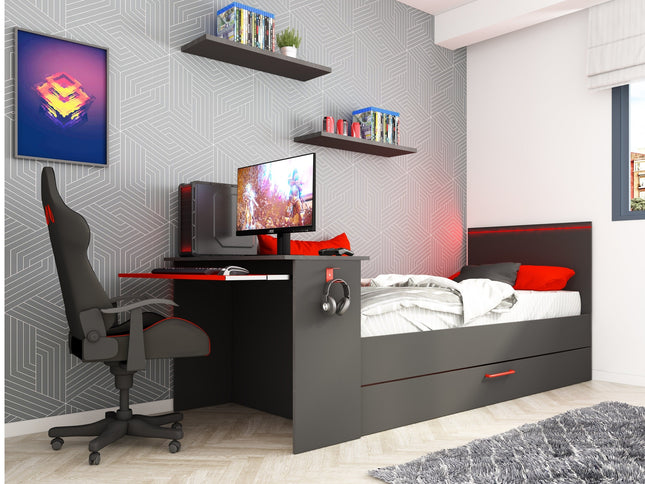 Kompaktbett mit Schreibtisch & Unterbett Trasman Bzone – 90x200 cm - Anthrazit/Rot