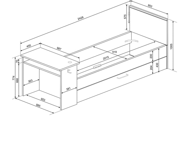 Kompaktbett mit Schreibtisch & Unterbett Trasman Bzone – 90x200 cm - Anthrazit/Rot
