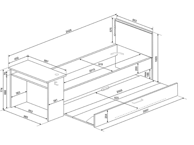 Kompaktbett mit Schreibtisch & Unterbett Trasman Bzone – 90x200 cm - Anthrazit/Rot