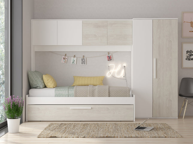 Kompaktes Schlafzimmer mit Brückenschrank Trasman Artik – 90x200 cm - Cascina/Weiß