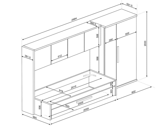Kompaktes Schlafzimmer mit Brückenschrank Trasman Artik – 90x200 cm - Cascina/Weiß