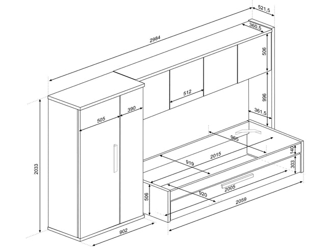 Kompaktes Schlafzimmer mit Brückenschrank Trasman Artik – 90x200 cm - Cascina/Weiß