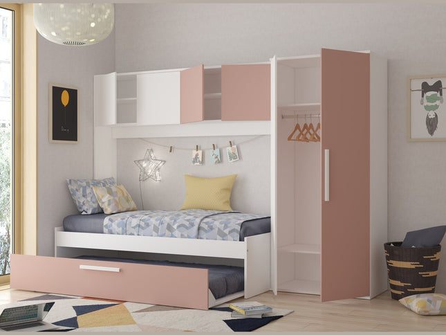 Kompaktes Schlafzimmer mit Brückenschrank Trasman Artik – 90x200 cm - Weiß/Altrosa