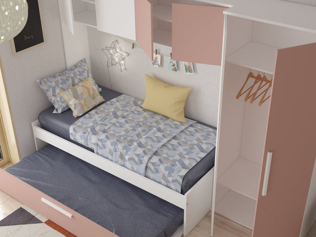 Kompaktes Schlafzimmer mit Brückenschrank Trasman Artik – 90x200 cm - Weiß/Altrosa