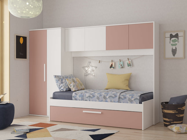 Kompaktes Schlafzimmer mit Brückenschrank Trasman Artik – 90x200 cm - Weiß/Altrosa
