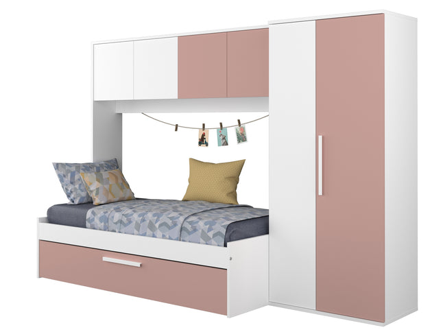 Kompaktes Schlafzimmer mit Brückenschrank Trasman Artik – 90x200 cm - Weiß/Altrosa