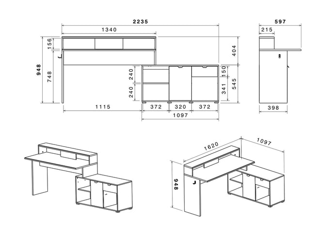 Parisot Gaming Set - Work 2 in schwarz # E-Sport Eck-Schreibtisch + 1 x Schrank inkl. RGB LED Beleuchtung