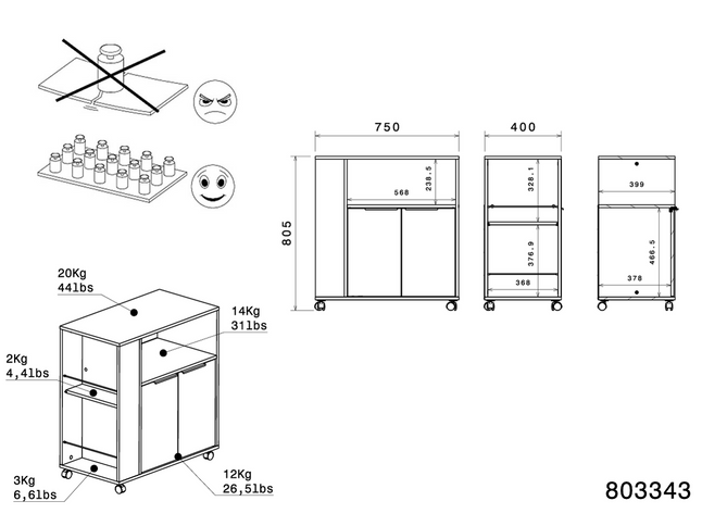 Parisot Buffet Fumay 3 - Küchenbuffet Set -Buffet,Insel & Rollschrank in Eiche & Betonoptik
