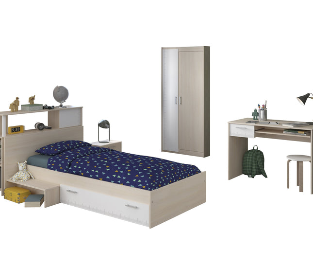 Parisot Jugendzimmer-Set Charly 15 - Set 5-teilig – Bett, Kleiderschrank, Schreibtisch & Regal in Weiß/Akazie