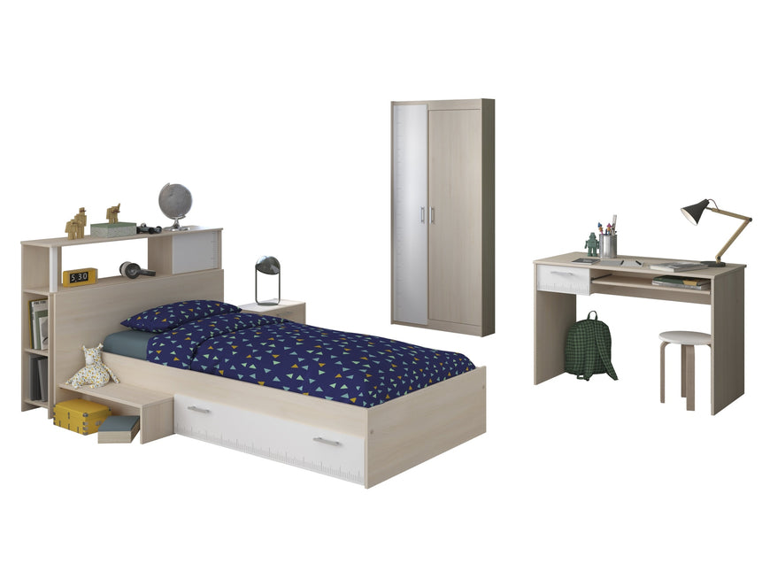 Parisot Jugendzimmer-Set Charly 15 - Set 5-teilig – Bett, Kleiderschrank, Schreibtisch & Regal in Weiß/Akazie