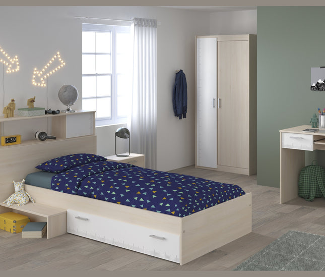 Parisot Jugendzimmer-Set Charly 15 - Set 5-teilig – Bett, Kleiderschrank, Schreibtisch & Regal in Weiß/Akazie