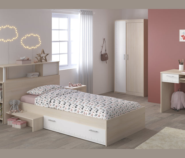 Parisot Jugendzimmer-Set Charly 15 - Set 5-teilig – Bett, Kleiderschrank, Schreibtisch & Regal in Weiß/Akazie