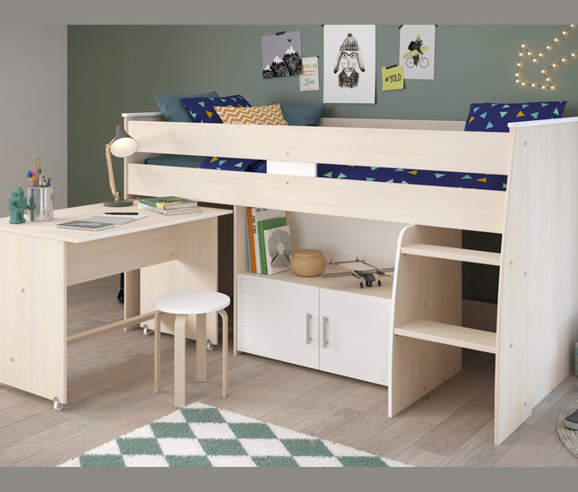 Parisot Hochbett Charly 4 – mit integriertem Schreibtisch und Kommode, Akazie/Weiß Melamin, Kinderzimmer